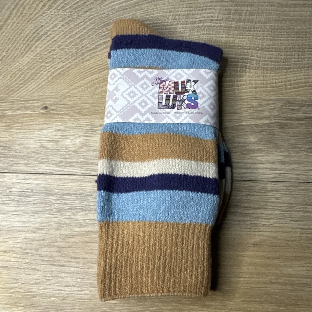 MUK LUKS Crew Socks Women OS Blue Tan 3 Pack‎ Argyle Fair Isle Striped Knit Soft